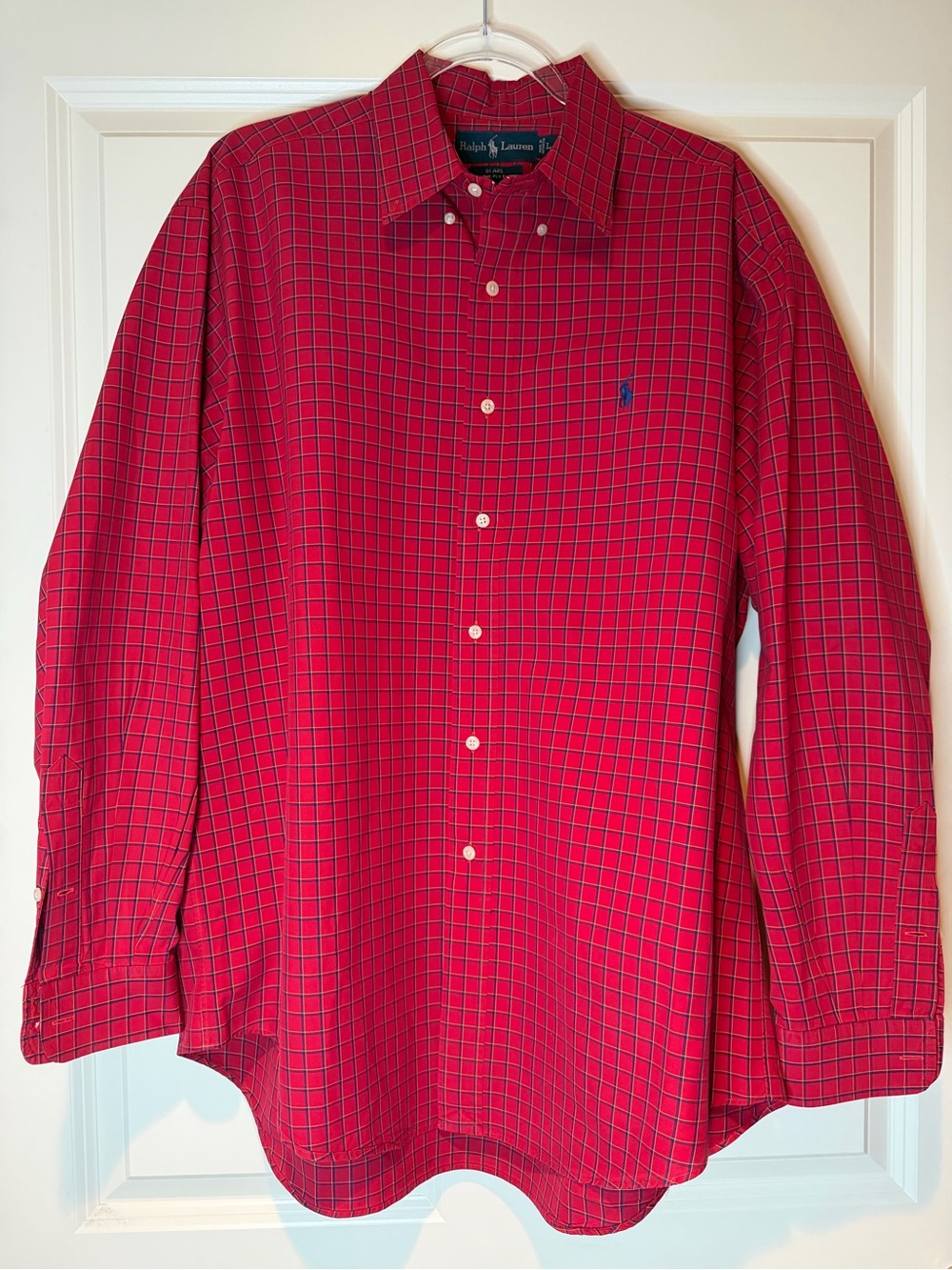 Ralph Lauren Red Plaid Button-Down Shirt with Blue Detail